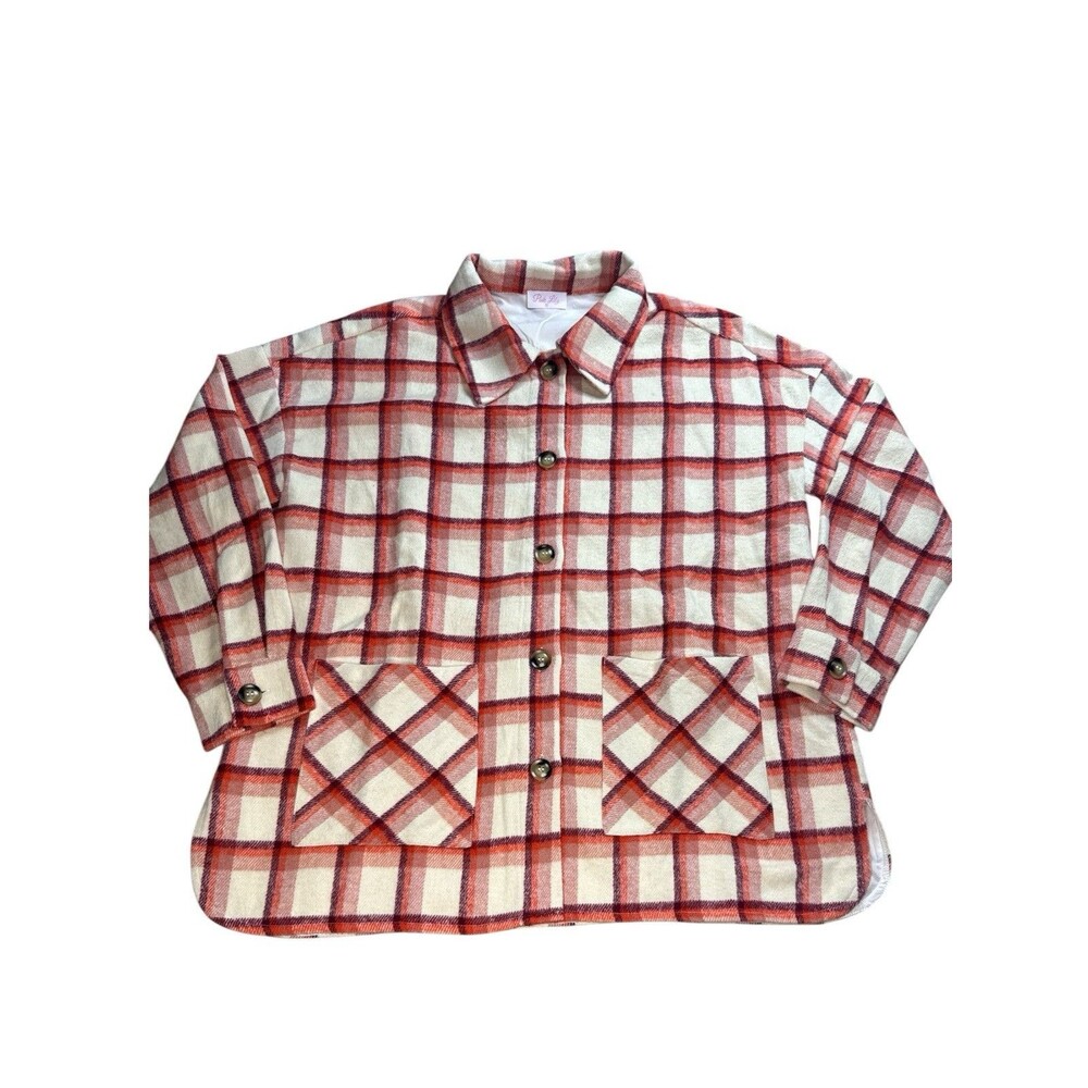 Cream Burgundy Plaid Shacket Flannel Button Front Long Sleeve Medium Streetwear - Picture 2 of 9